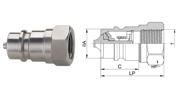 CB-SPM-10M stainless steel male hydraulic quick coupling – ISO 7241-A compatible with precision-machined poppet valve tip